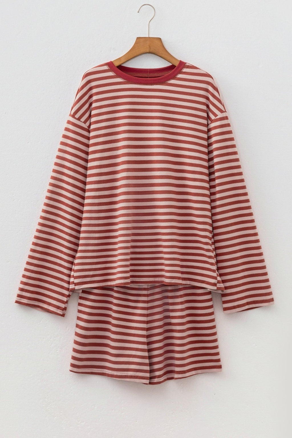 Stripe Contrast Long Sleeve Top & Elastic Waistband Short Set - Rooted & Reckless Co.
