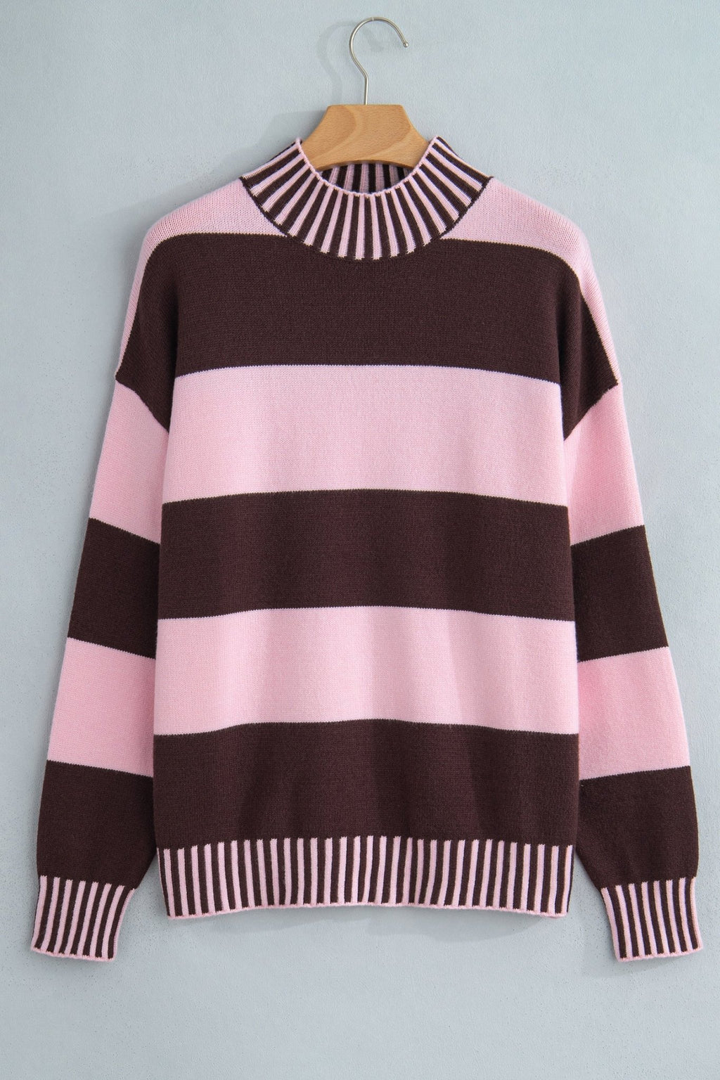 Stripe Contrast Mock Neck Drop Shoulder Sweater - Rooted & Reckless Co.