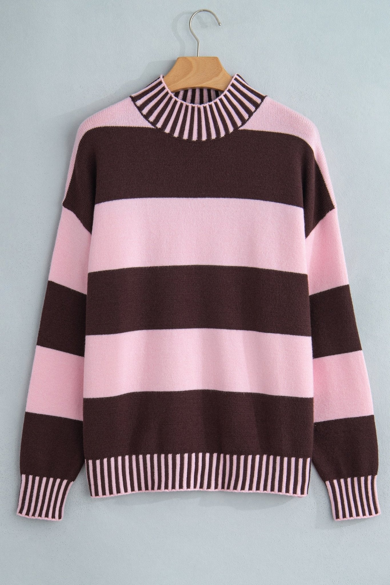 Stripe Contrast Mock Neck Drop Shoulder Sweater - Rooted & Reckless Co.