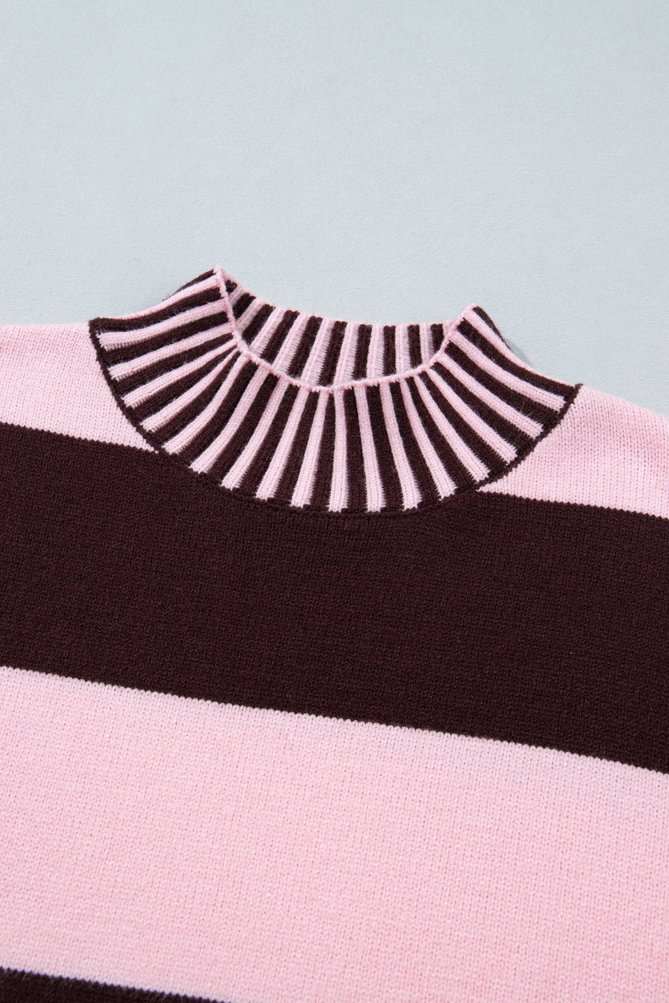 Stripe Contrast Mock Neck Drop Shoulder Sweater - Rooted & Reckless Co.