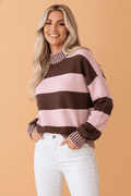 Stripe Contrast Mock Neck Drop Shoulder Sweater - Rooted & Reckless Co.
