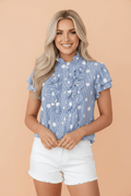 Stripe Contrast Polka Dot Pleated Ruffle Sleeve Shirt - Rooted & Reckless Co.