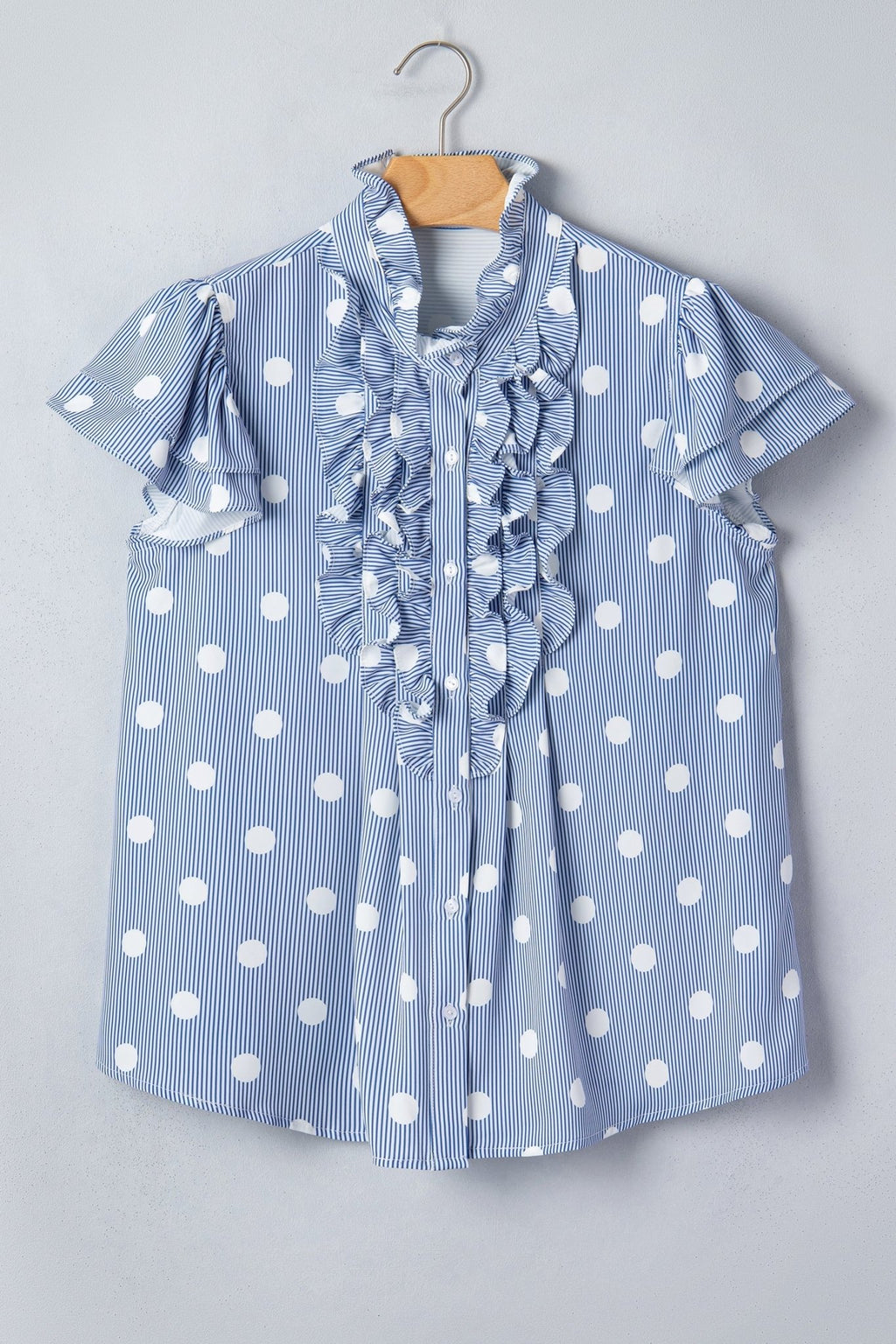 Stripe Contrast Polka Dot Pleated Ruffle Sleeve Shirt - Rooted & Reckless Co.