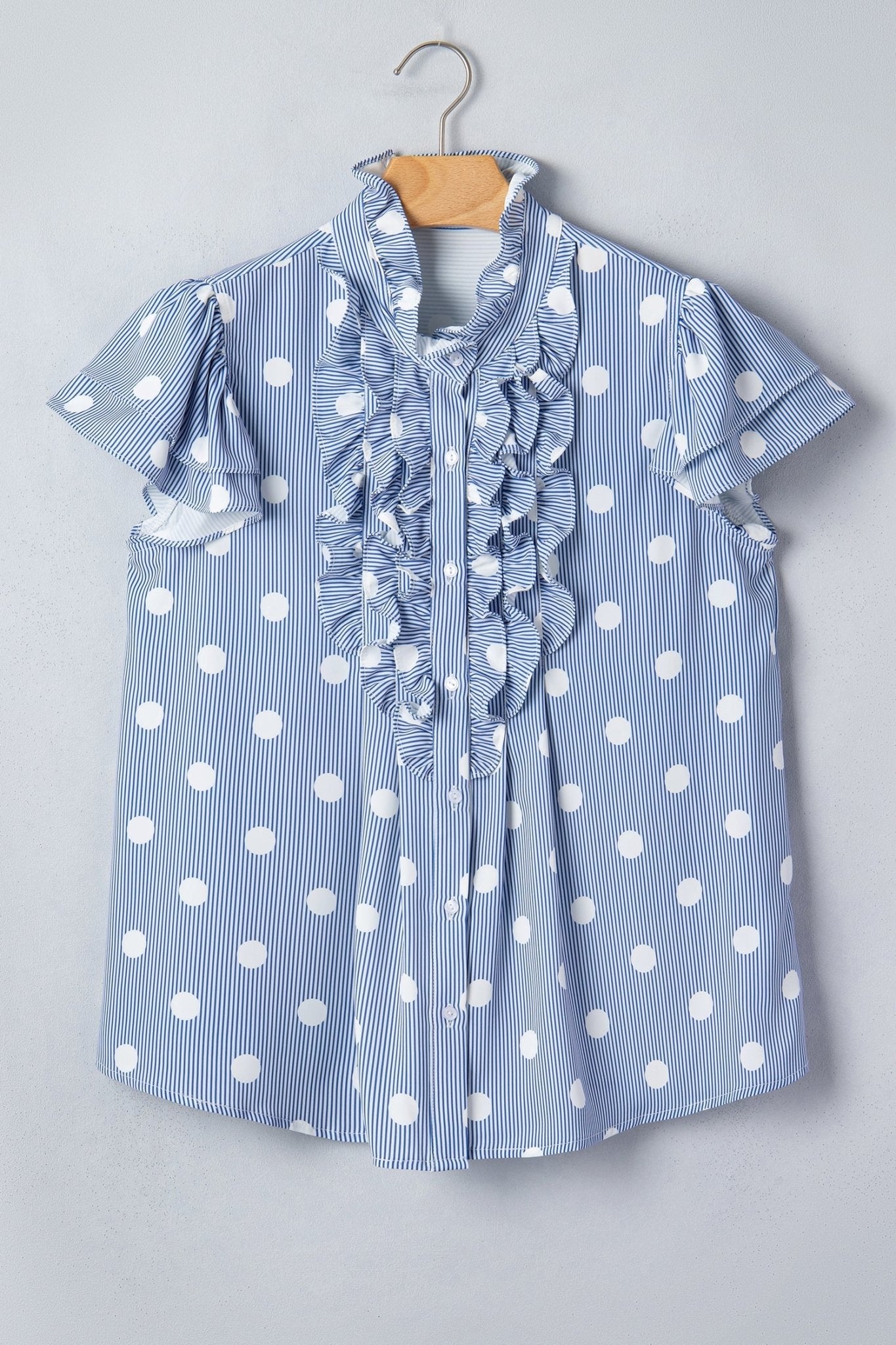 Stripe Contrast Polka Dot Pleated Ruffle Sleeve Shirt - Rooted & Reckless Co.
