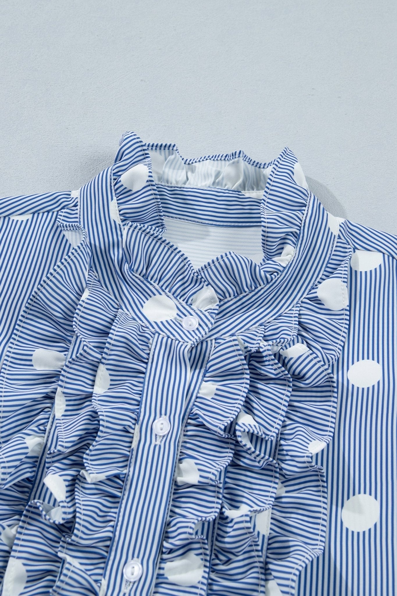 Stripe Contrast Polka Dot Pleated Ruffle Sleeve Shirt - Rooted & Reckless Co.