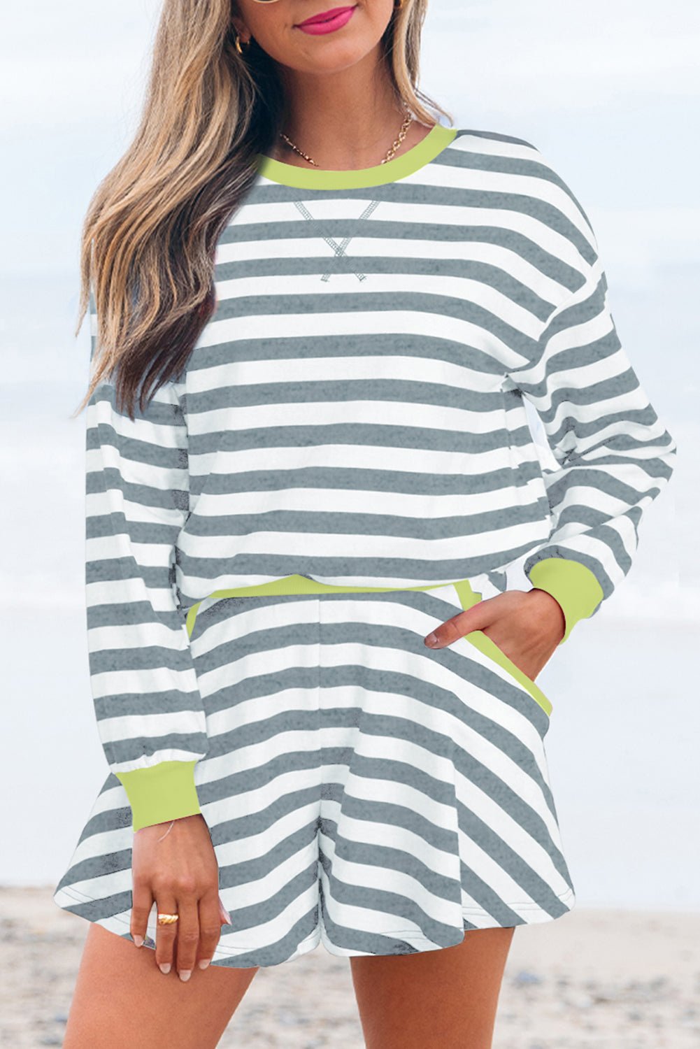 Stripe Contrast Ribbed Top and Shorts Set - Rooted & Reckless Co.