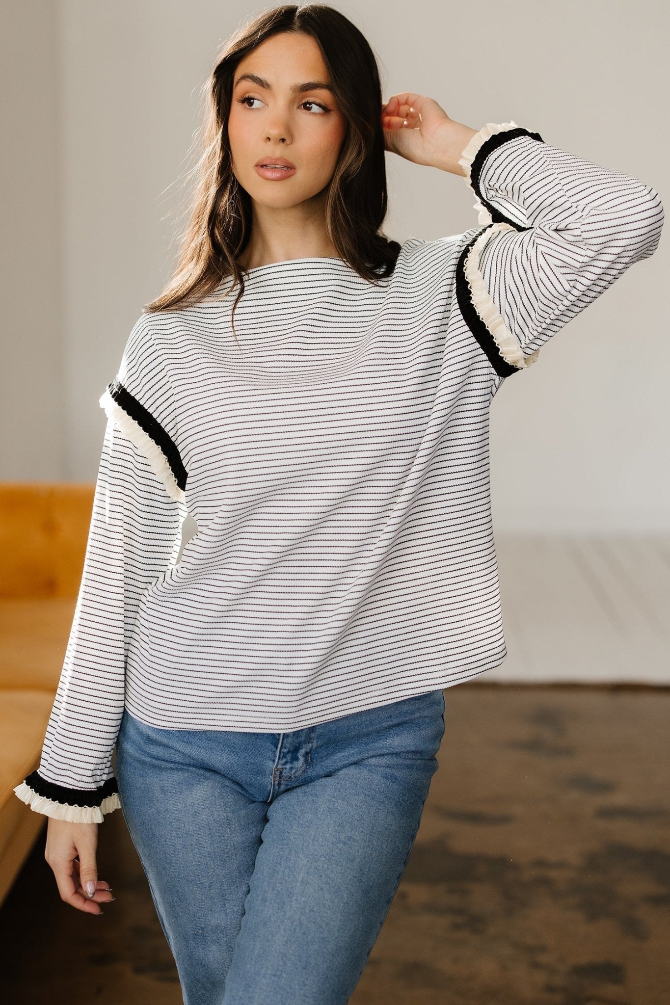 Stripe Contrast Ruffle Trim Long Sleeve Top - Rooted & Reckless Co.