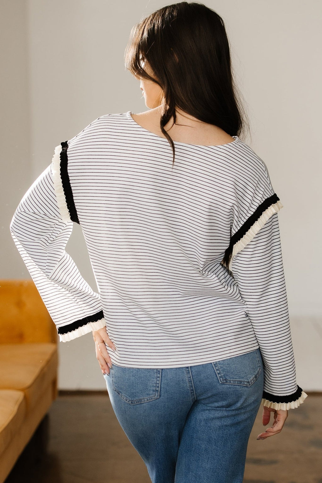 Stripe Contrast Ruffle Trim Long Sleeve Top - Rooted & Reckless Co.
