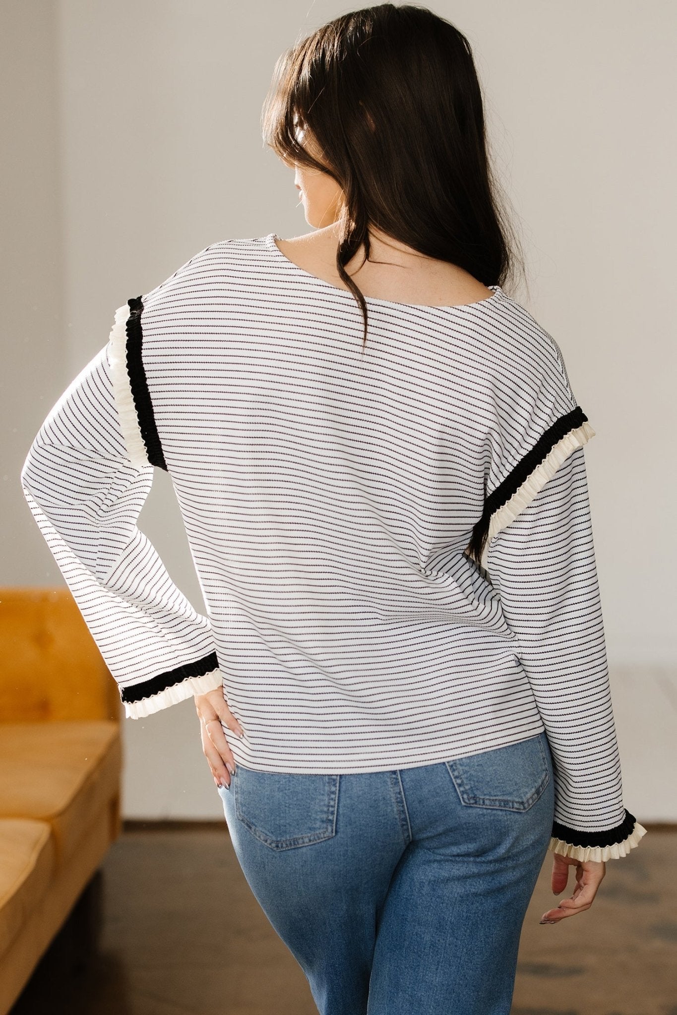 Stripe Contrast Ruffle Trim Long Sleeve Top - Rooted & Reckless Co.