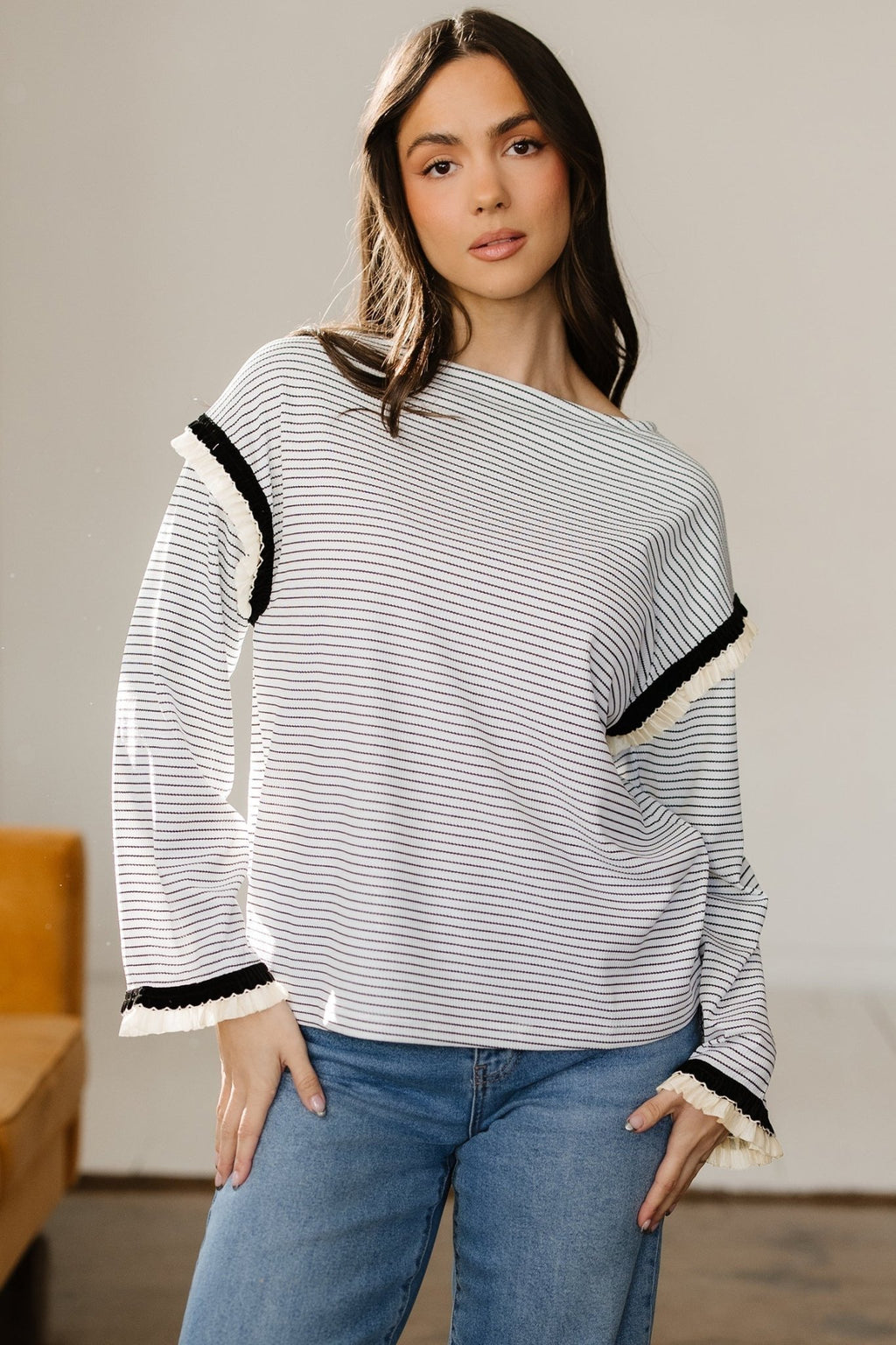Stripe Contrast Ruffle Trim Long Sleeve Top - Rooted & Reckless Co.