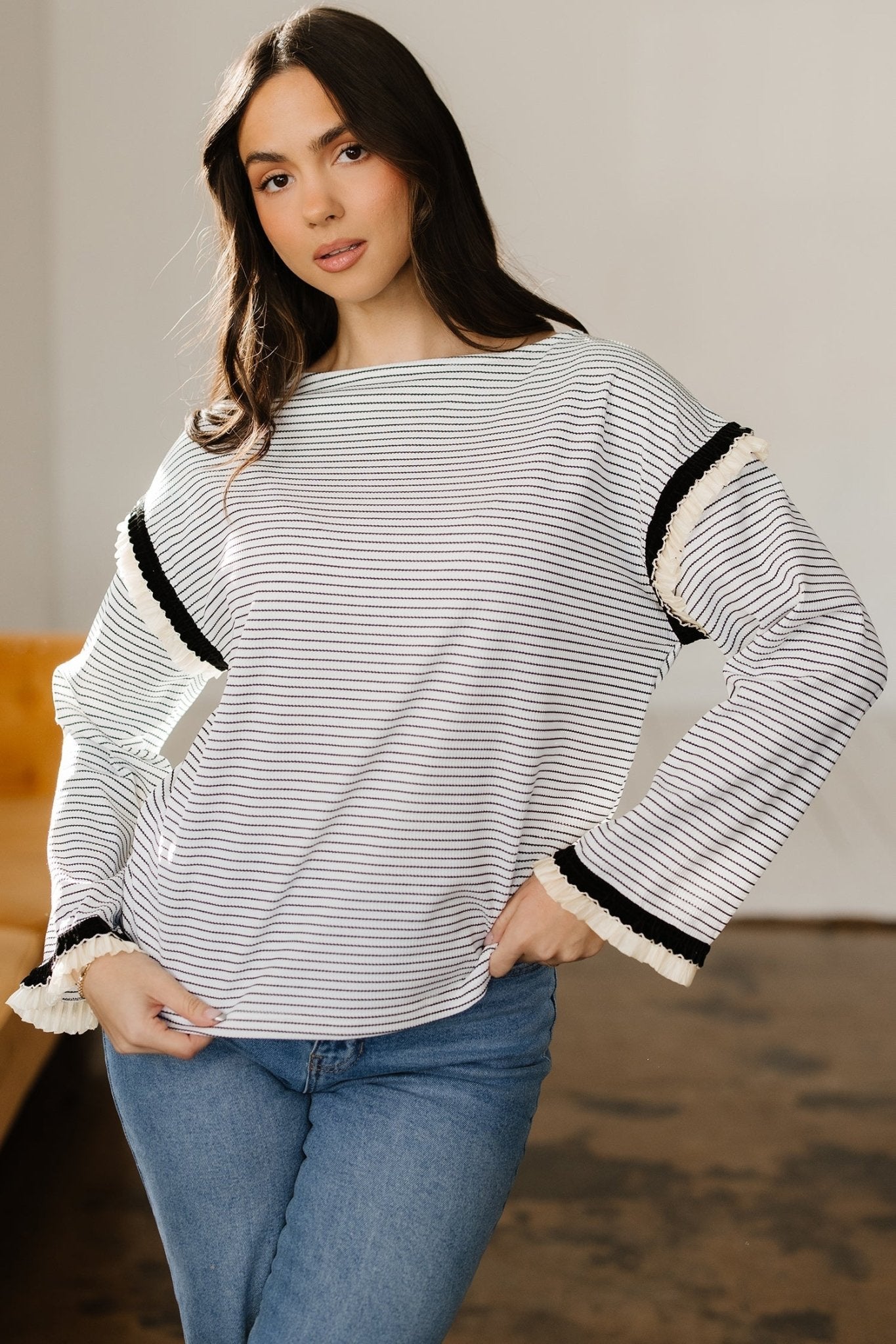 Stripe Contrast Ruffle Trim Long Sleeve Top - Rooted & Reckless Co.
