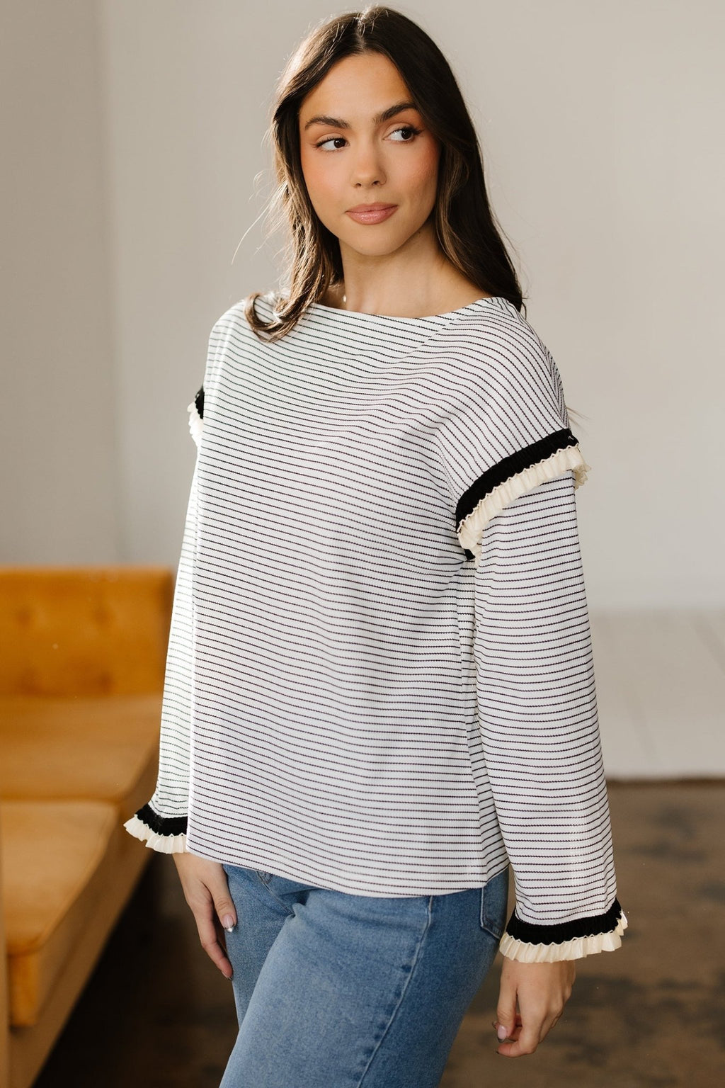 Stripe Contrast Ruffle Trim Long Sleeve Top - Rooted & Reckless Co.