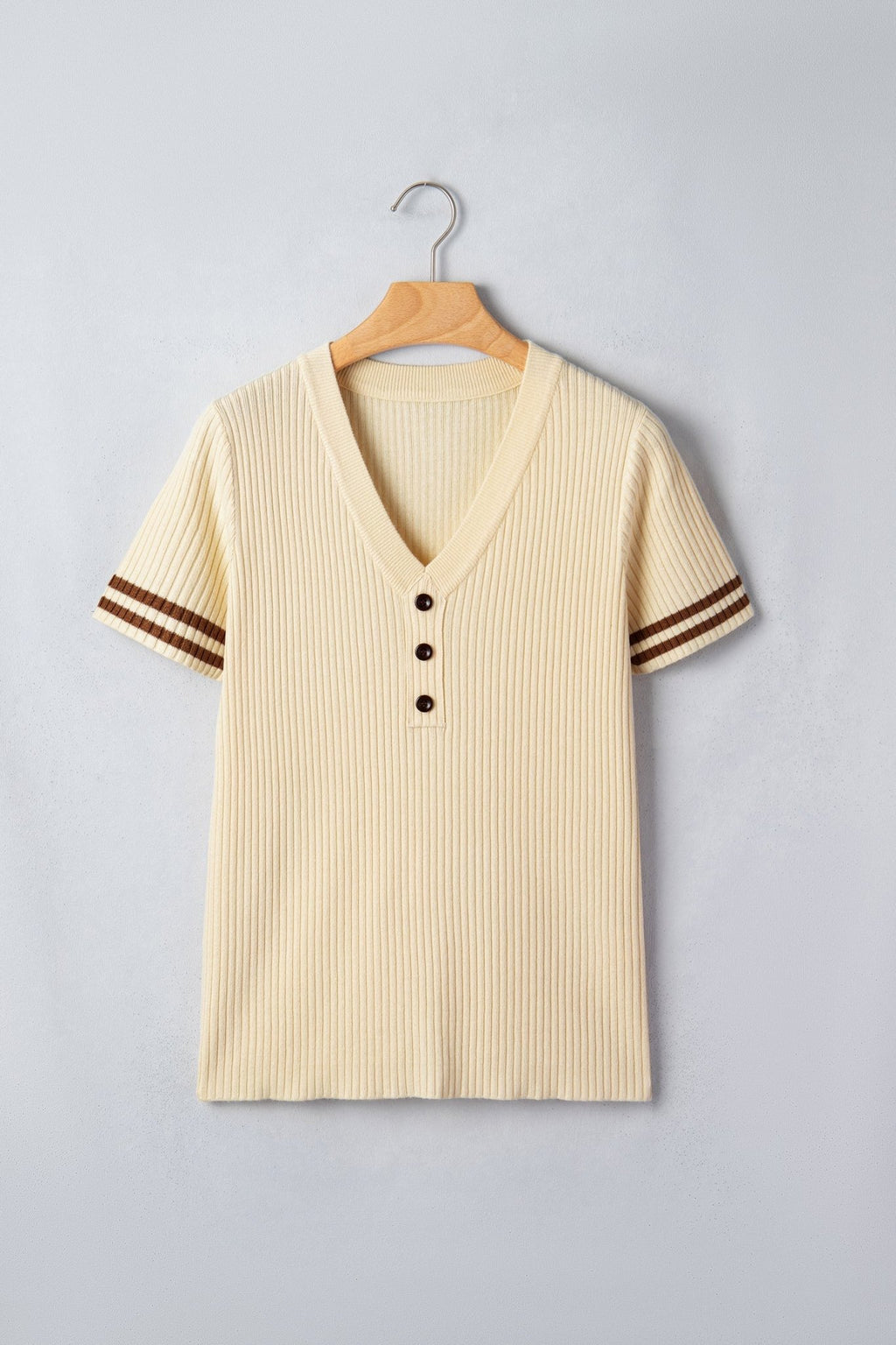 Stripe Contrast Short Sleeve Ribbed V-Neck Sweater - Rooted & Reckless Co.