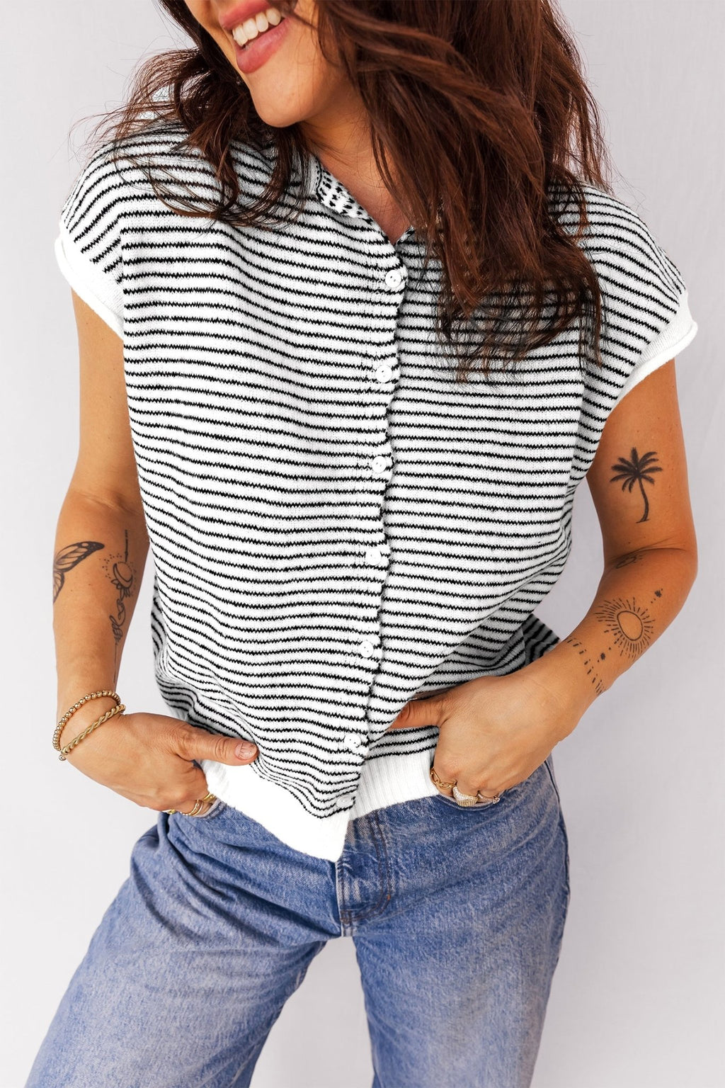 Stripe Contrast Trim Cap Sleeve Button-Up Cardigan - Rooted & Reckless Co.