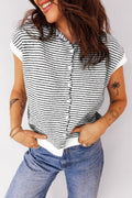 Stripe Contrast Trim Cap Sleeve Button-Up Cardigan - Rooted & Reckless Co.