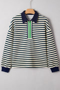 Stripe Contrast Trim Collared Zip Long Sleeve Top - Rooted & Reckless Co.