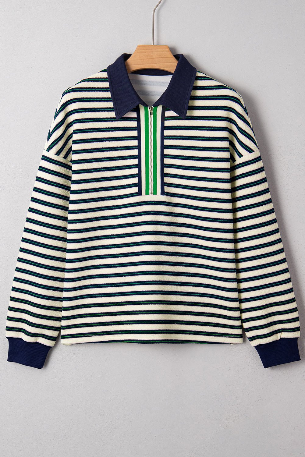 Stripe Contrast Trim Collared Zip Long Sleeve Top - Rooted & Reckless Co.