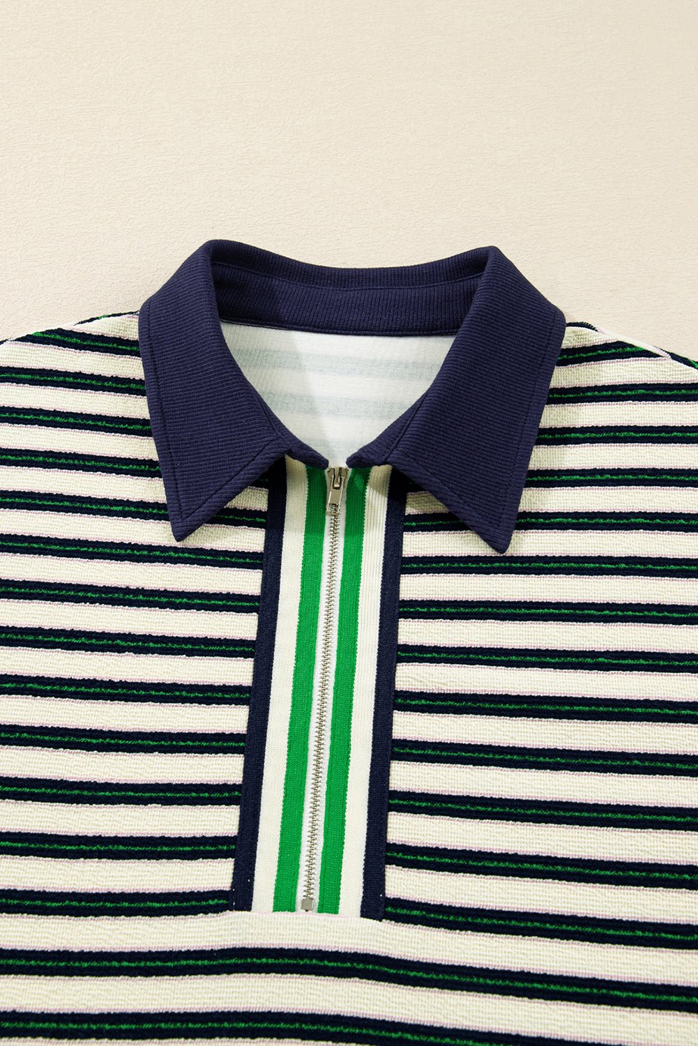 Stripe Contrast Trim Collared Zip Long Sleeve Top - Rooted & Reckless Co.