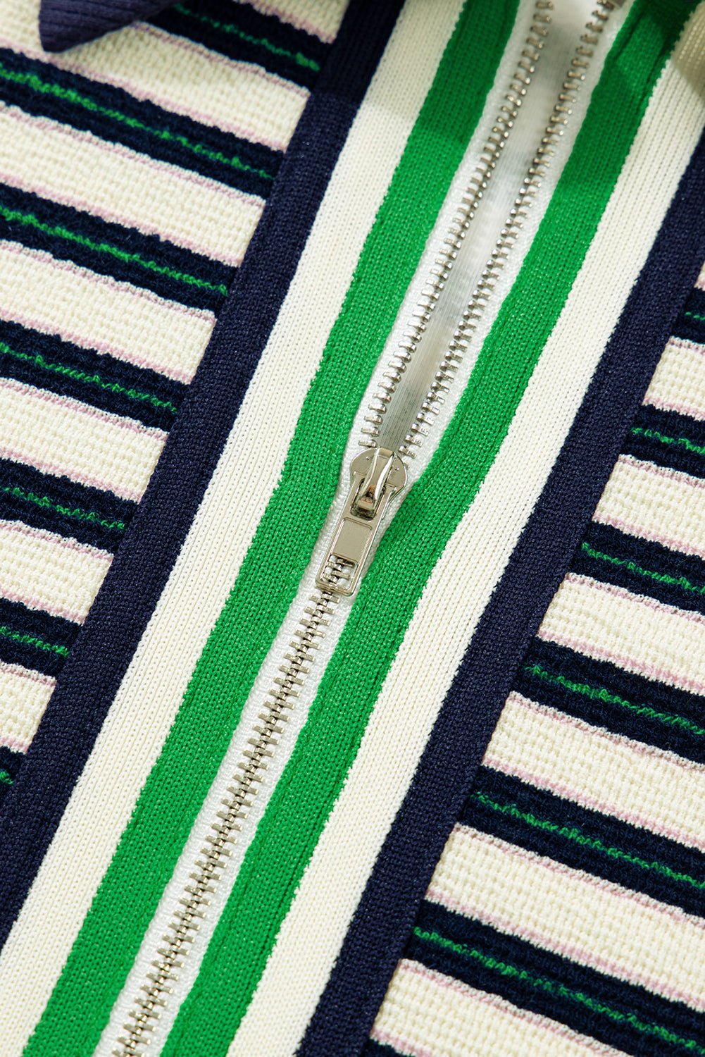 Stripe Contrast Trim Collared Zip Long Sleeve Top - Rooted & Reckless Co.