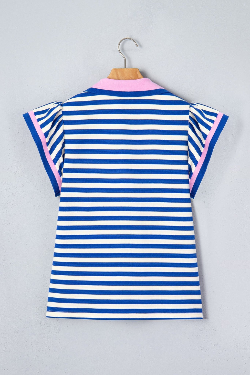 Stripe Contrast Trim Polo Collar Ruffle Sleeve Blouse - Rooted & Reckless Co.