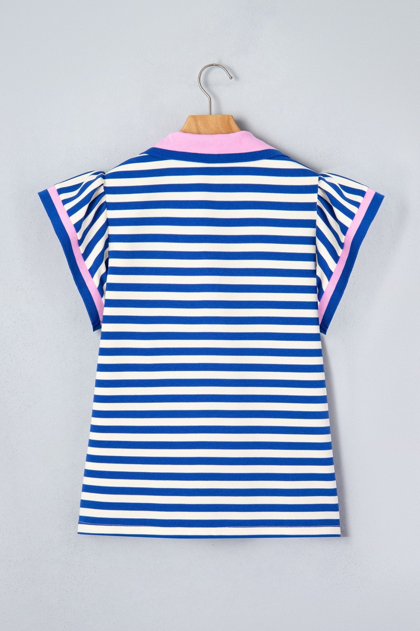 Stripe Contrast Trim Polo Collar Ruffle Sleeve Blouse - Rooted & Reckless Co.