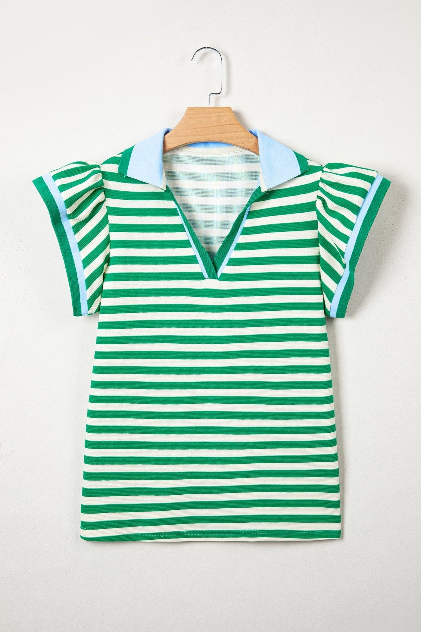 Stripe Contrast Trim Polo Collar Ruffle Sleeve Blouse - Rooted & Reckless Co.