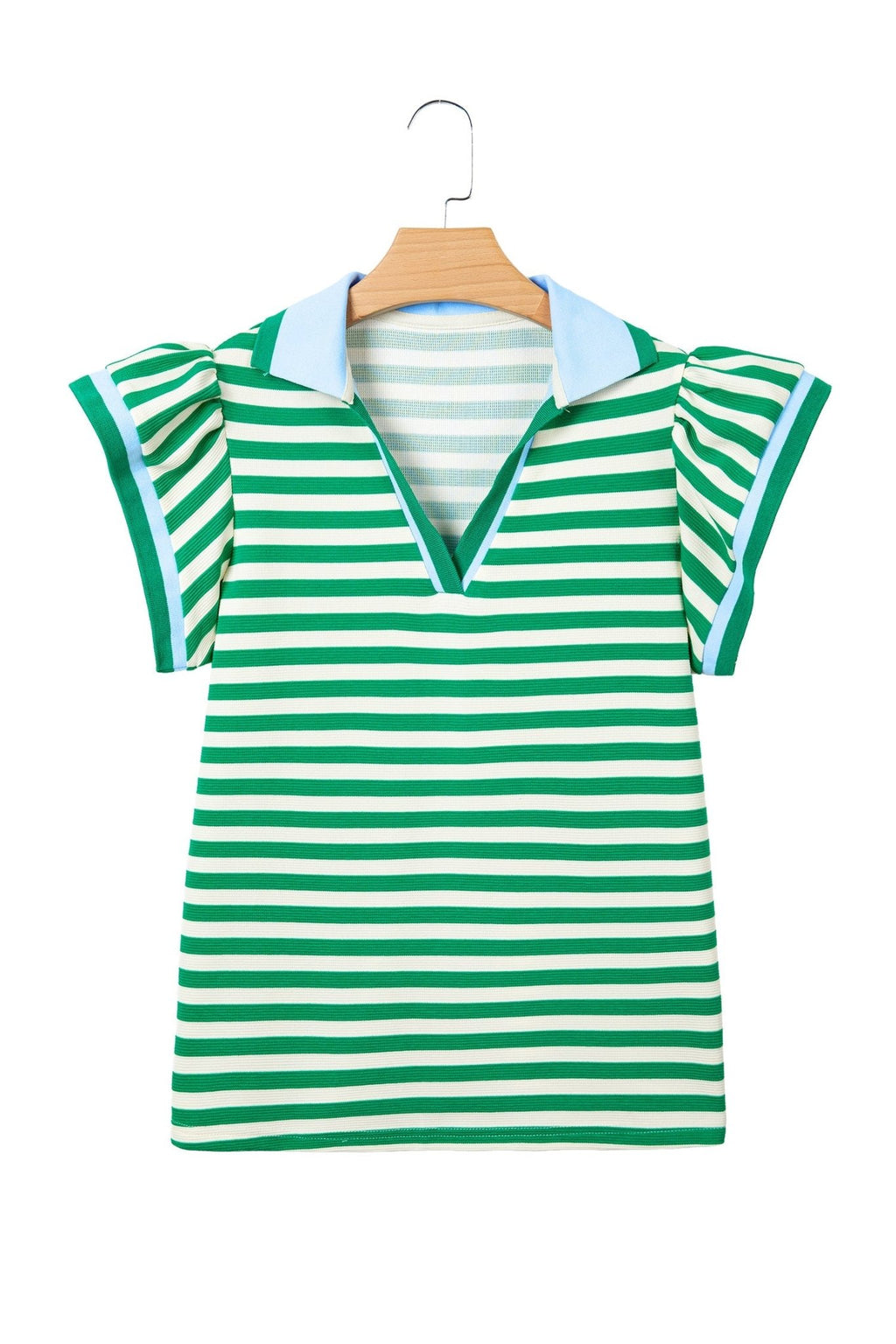 Stripe Contrast Trim Polo Collar Ruffle Sleeve Blouse - Rooted & Reckless Co.