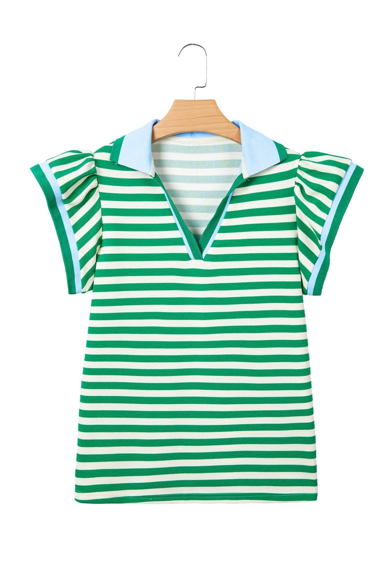 Stripe Contrast Trim Polo Collar Ruffle Sleeve Blouse - Rooted & Reckless Co.
