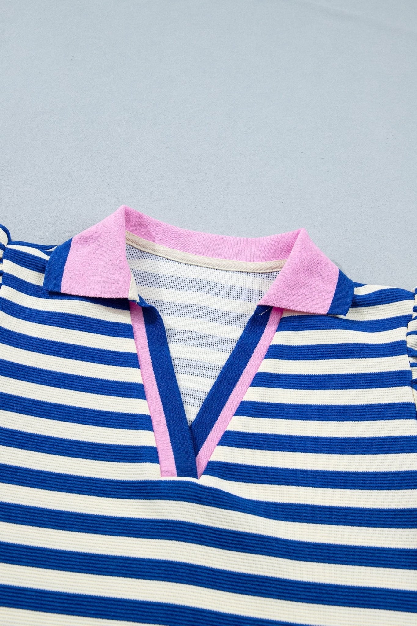 Stripe Contrast Trim Polo Collar Ruffle Sleeve Blouse - Rooted & Reckless Co.