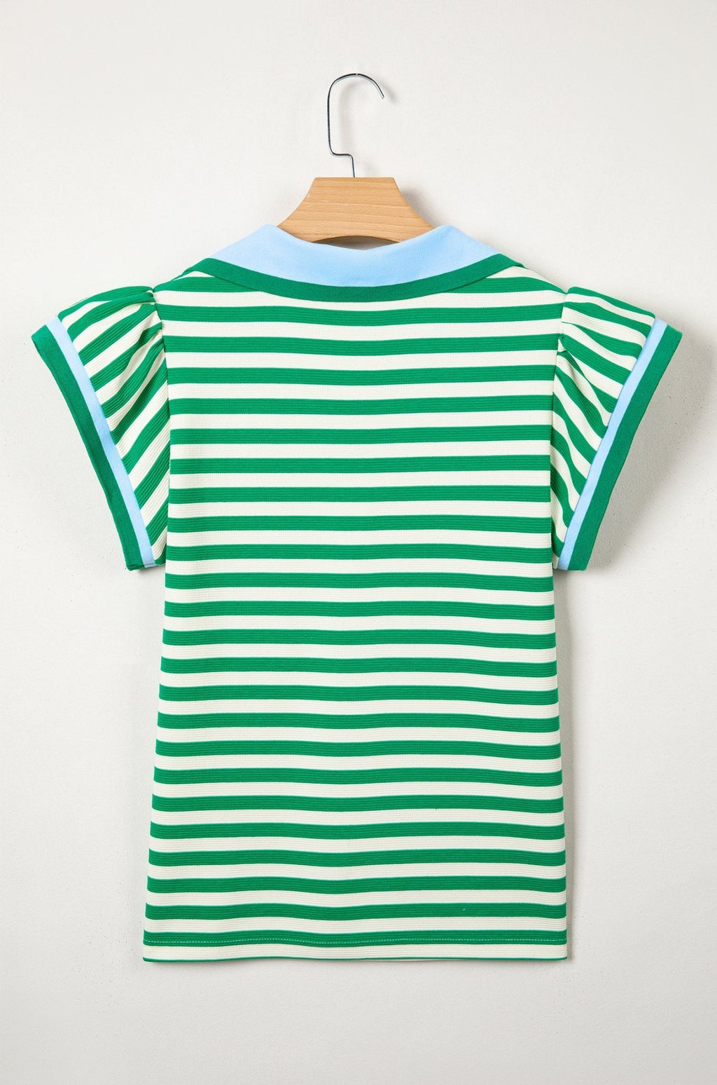 Stripe Contrast Trim Polo Collar Ruffle Sleeve Blouse - Rooted & Reckless Co.
