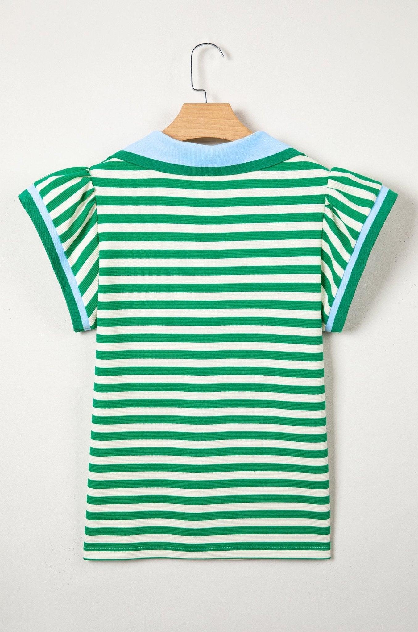Stripe Contrast Trim Polo Collar Ruffle Sleeve Blouse - Rooted & Reckless Co.