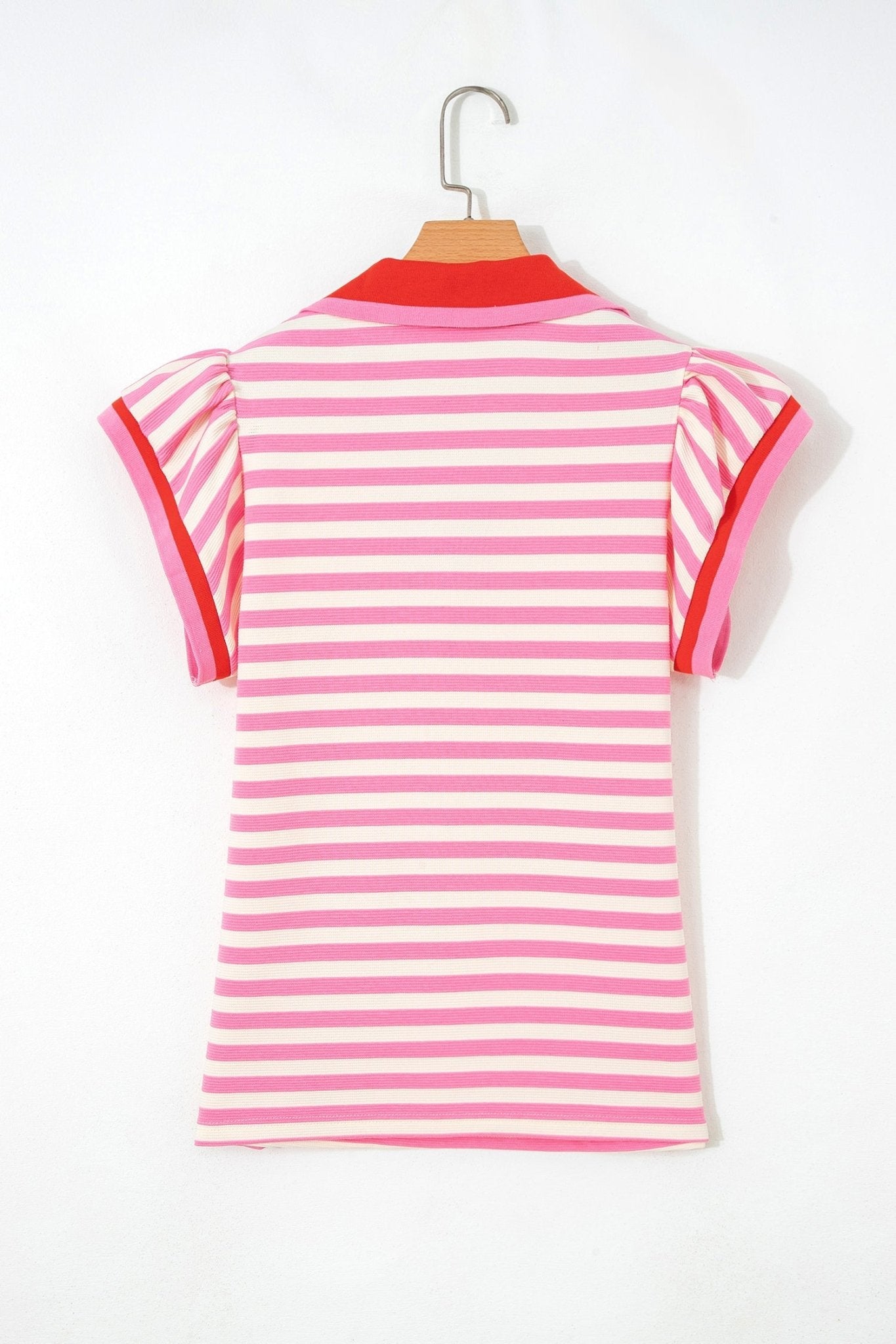 Stripe Contrast Trim Polo Collar Ruffle Sleeve Blouse - Rooted & Reckless Co.