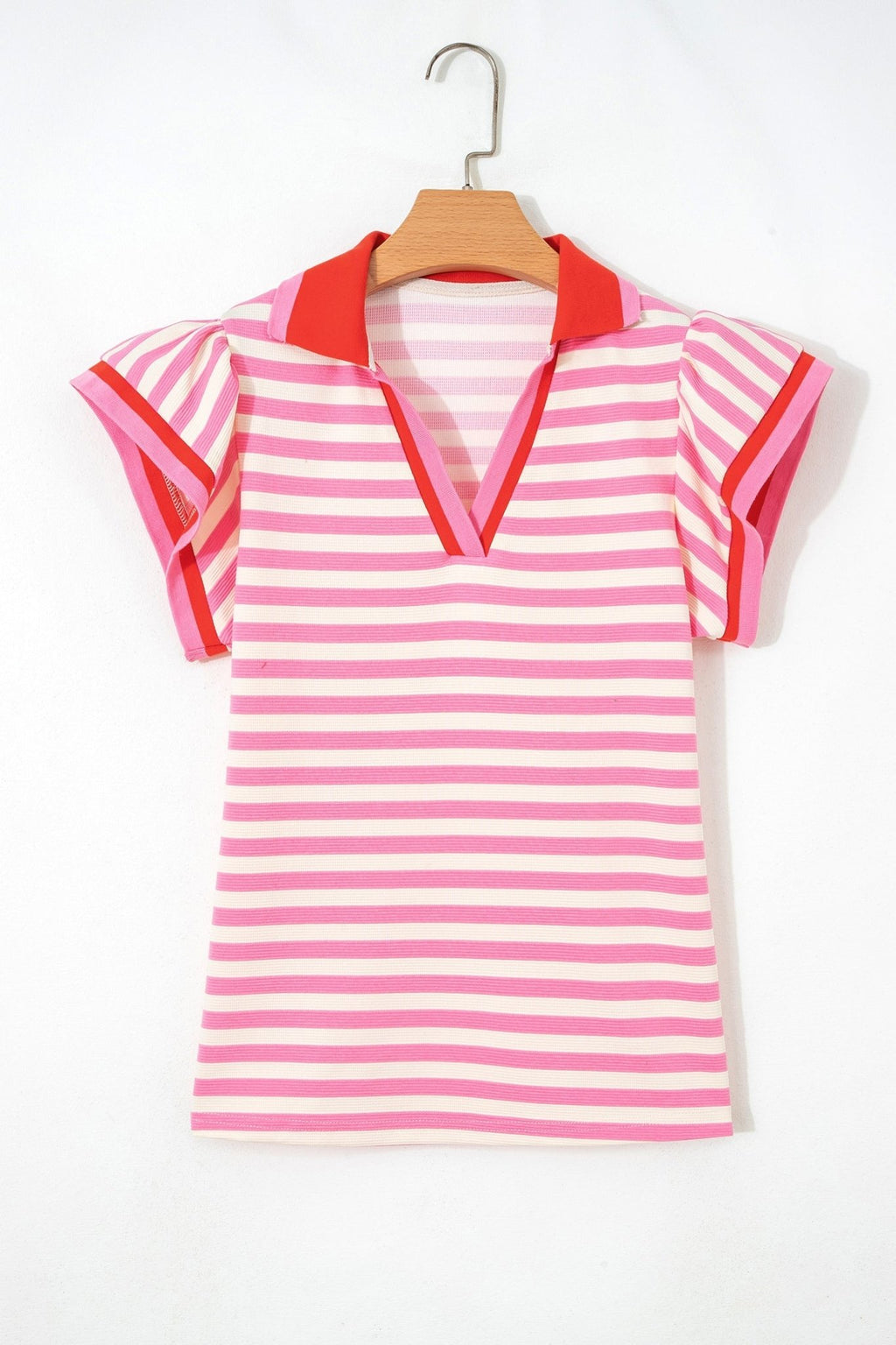 Stripe Contrast Trim Polo Collar Ruffle Sleeve Blouse - Rooted & Reckless Co.