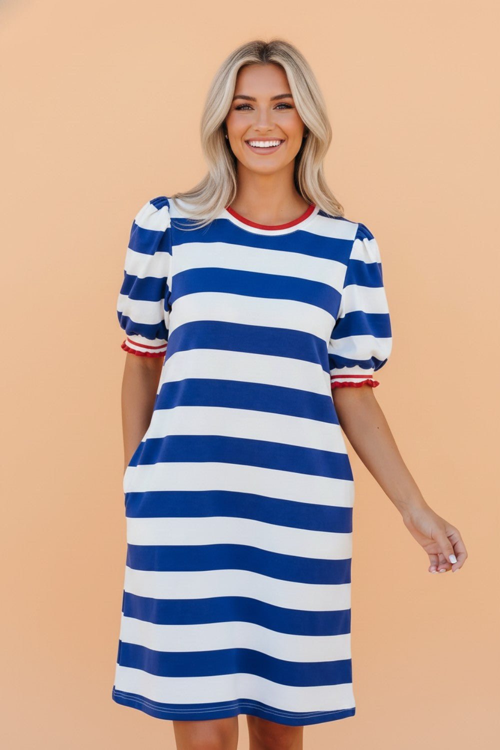 Stripe Contrast Trim Puff Sleeve Mini Dress - Rooted & Reckless Co.