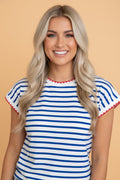 Stripe Contrast Trim Round Neck Cap Sleeve Tee - Rooted & Reckless Co.
