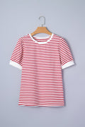 Stripe Contrast Trim Round Neck Puff Sleeve T-Shirt - Rooted & Reckless Co.