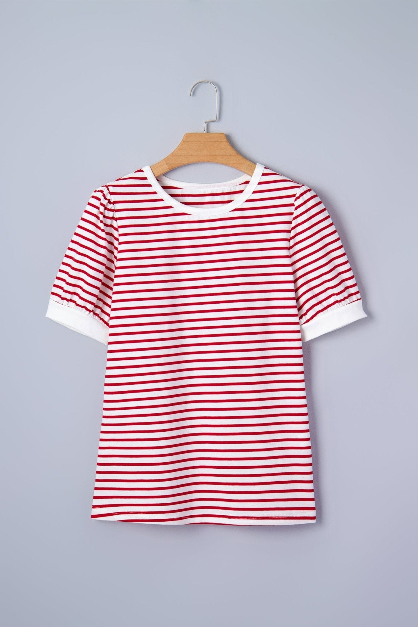 Stripe Contrast Trim Round Neck Puff Sleeve T-Shirt - Rooted & Reckless Co.