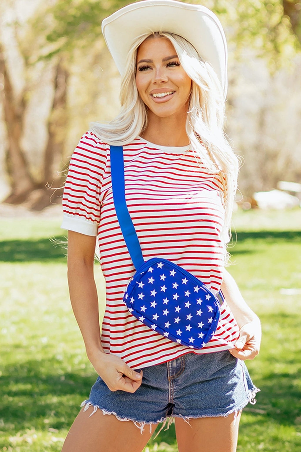 Stripe Contrast Trim Round Neck Puff Sleeve T-Shirt - Rooted & Reckless Co.