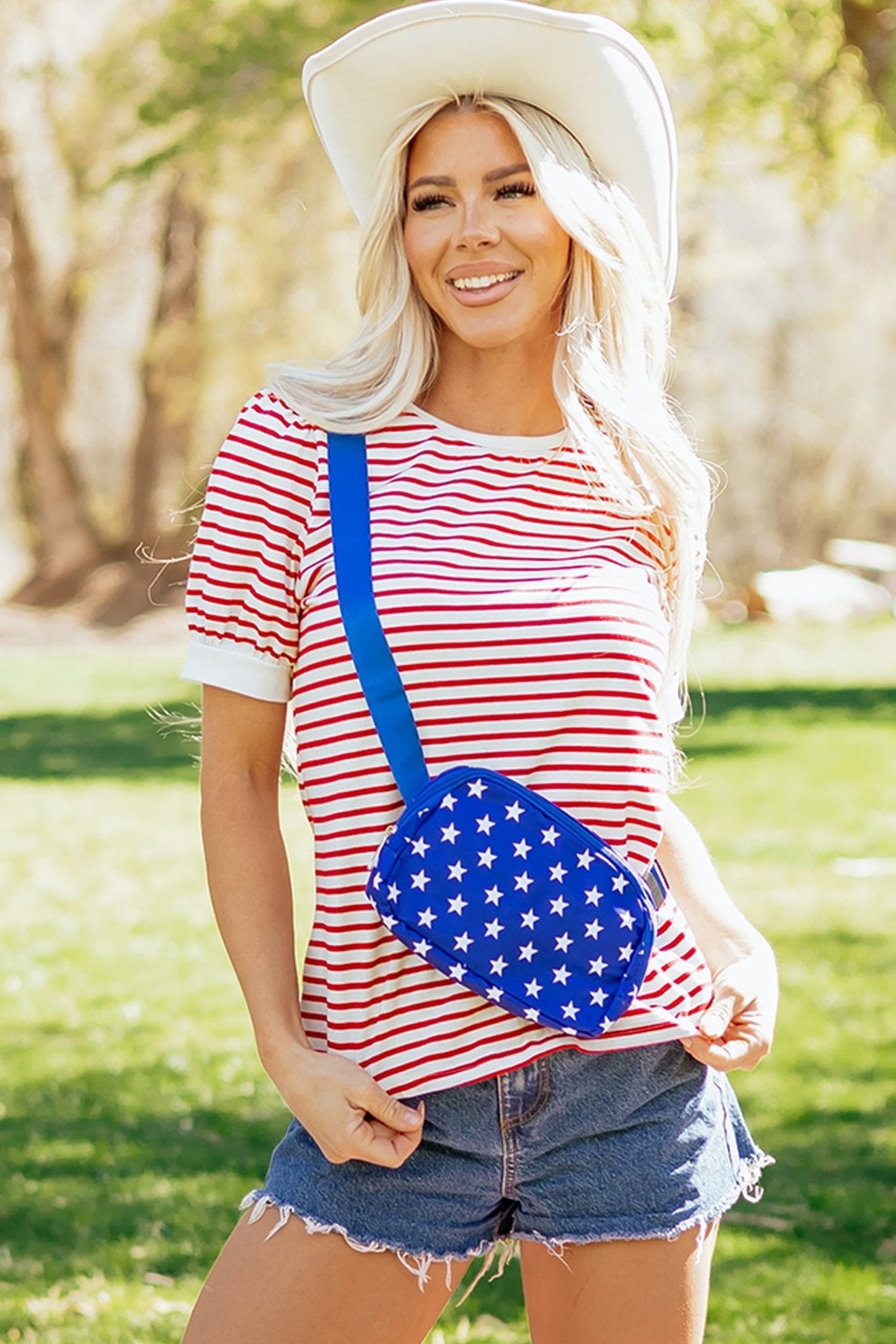 Stripe Contrast Trim Round Neck Puff Sleeve T-Shirt - Rooted & Reckless Co.