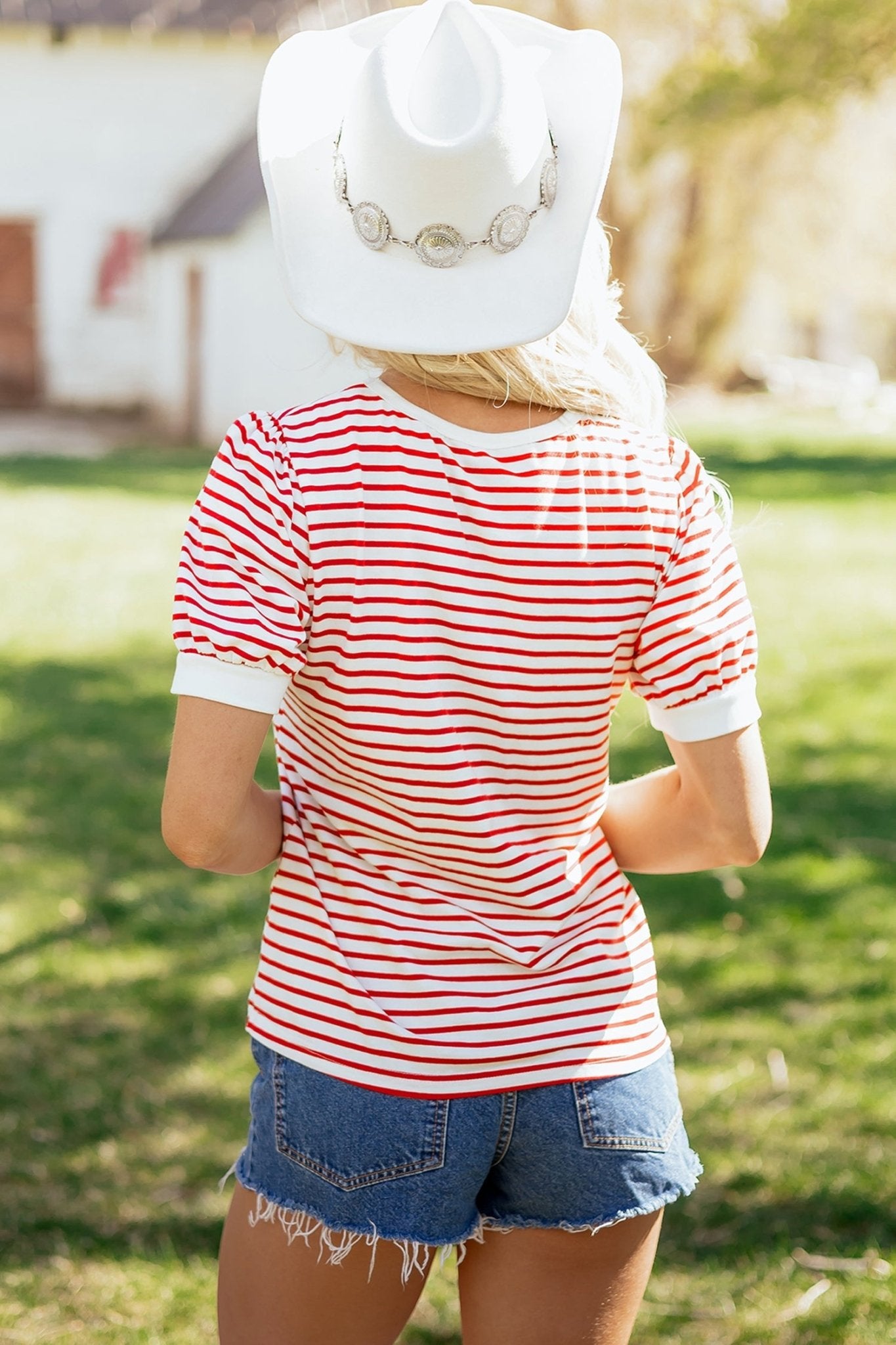 Stripe Contrast Trim Round Neck Puff Sleeve T-Shirt - Rooted & Reckless Co.