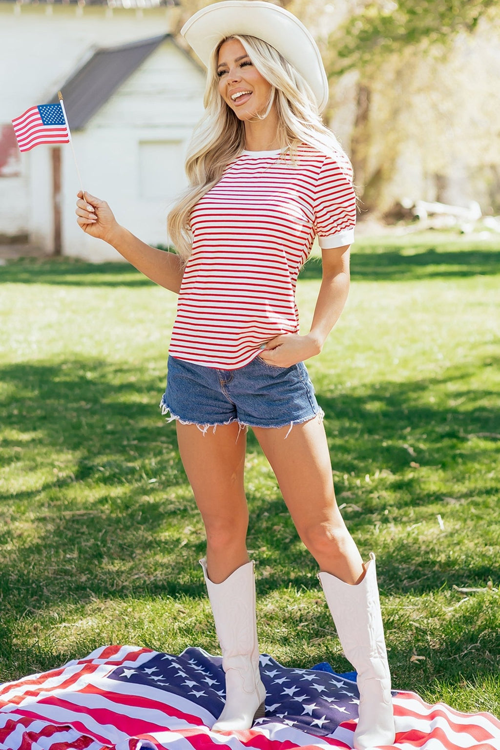 Stripe Contrast Trim Round Neck Puff Sleeve T-Shirt - Rooted & Reckless Co.