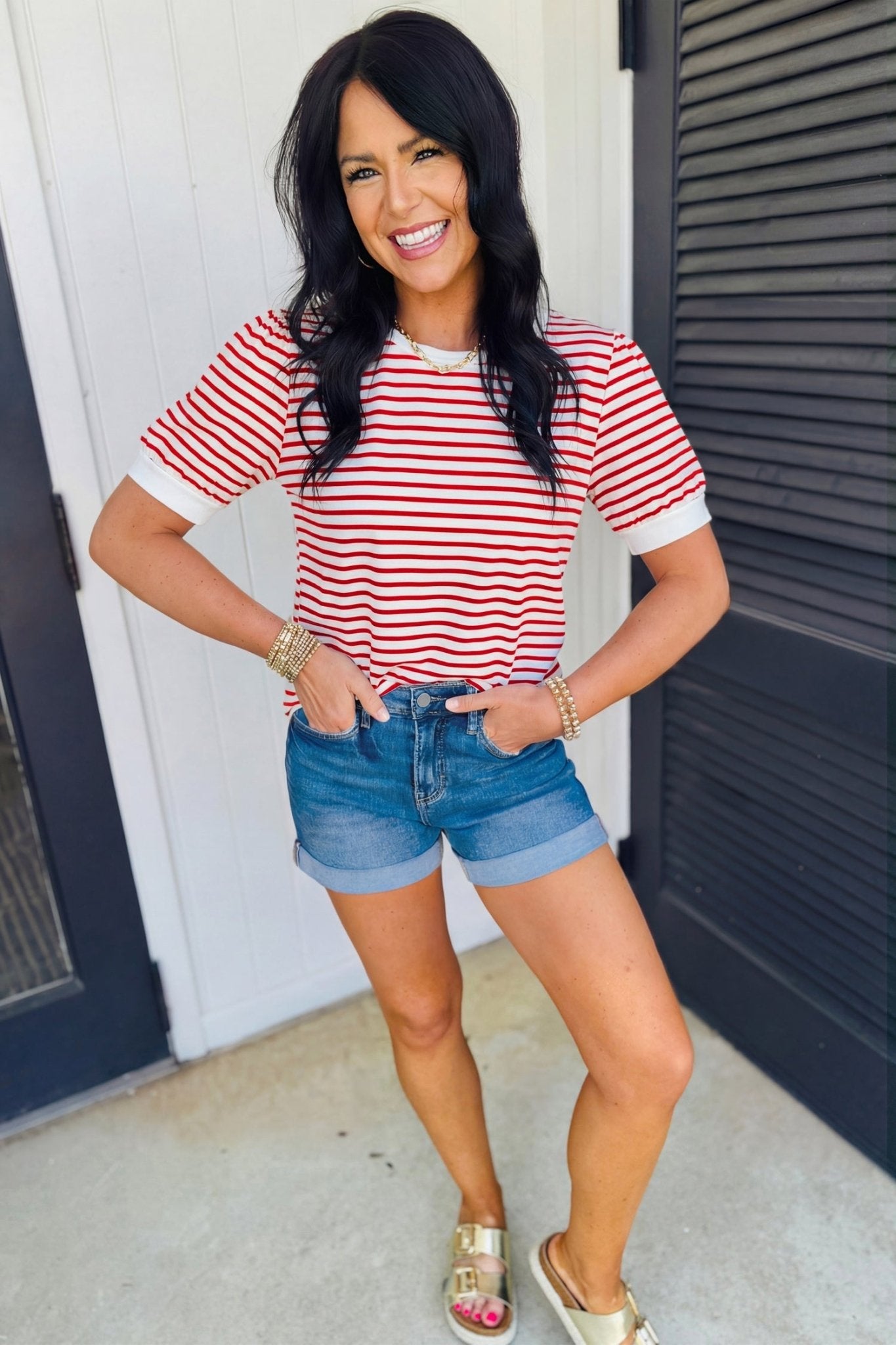 Stripe Contrast Trim Round Neck Puff Sleeve T-Shirt - Rooted & Reckless Co.