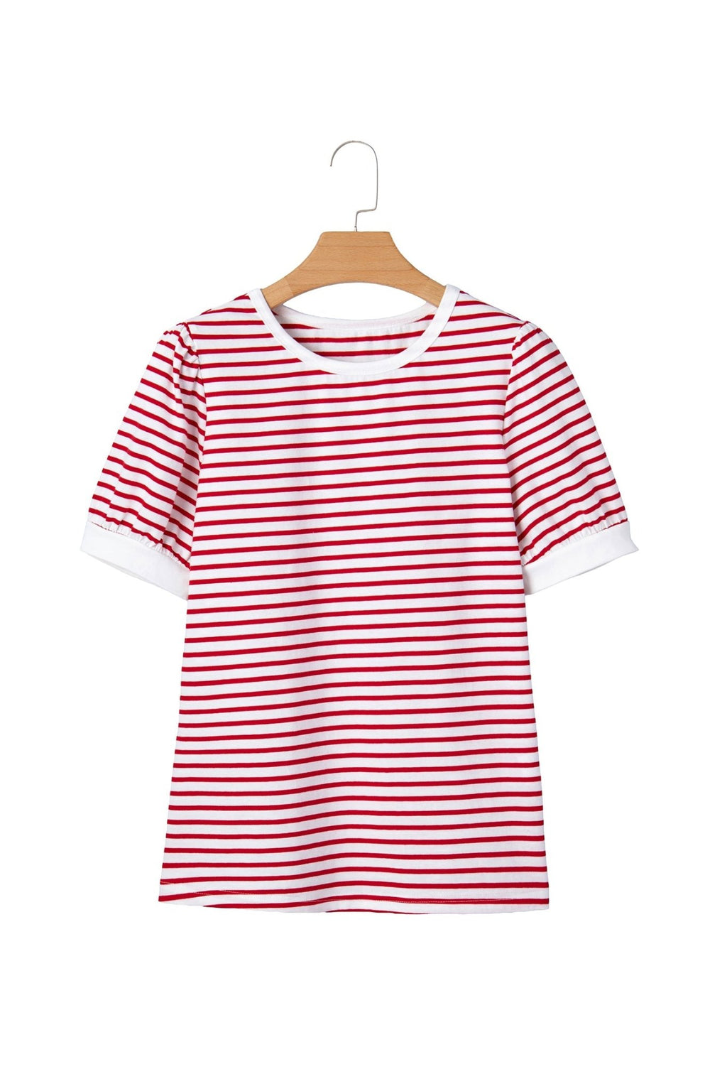 Stripe Contrast Trim Round Neck Puff Sleeve T-Shirt - Rooted & Reckless Co.