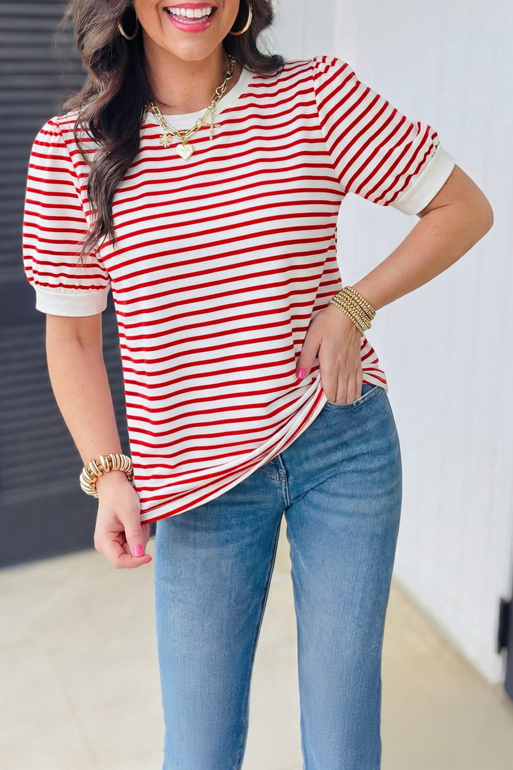 Stripe Contrast Trim Round Neck Puff Sleeve T-Shirt - Rooted & Reckless Co.