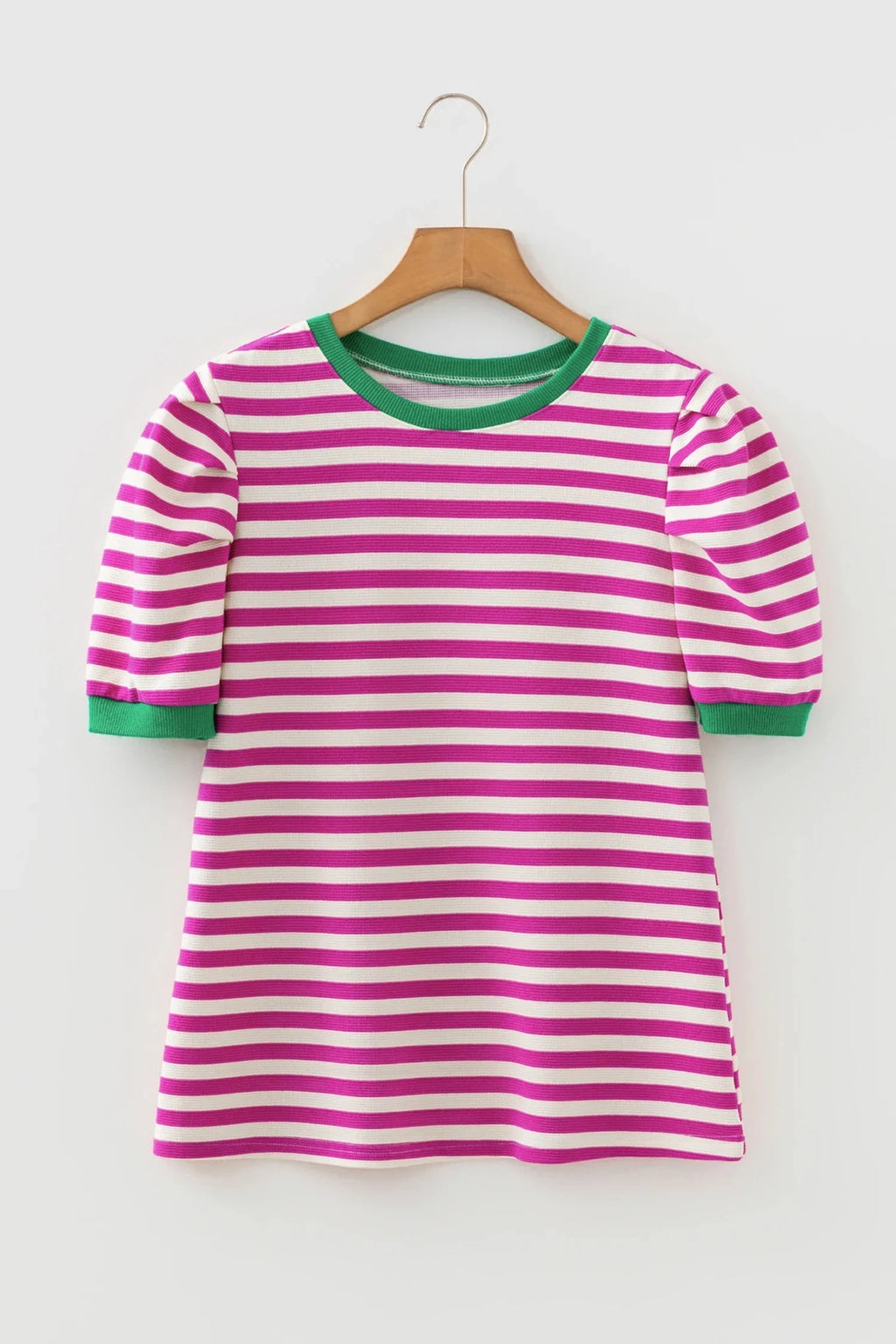 Stripe Contrast Trim Short Puff Sleeve Tee - Rooted & Reckless Co.