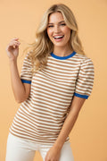 Stripe Contrast Trim Short Puff Sleeve Tee - Rooted & Reckless Co.