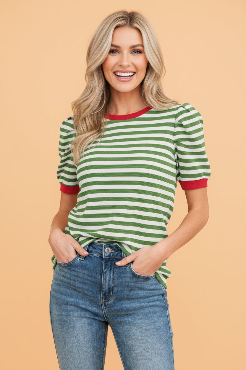 Stripe Contrast Trim Short Puff Sleeve Tee - Rooted & Reckless Co.