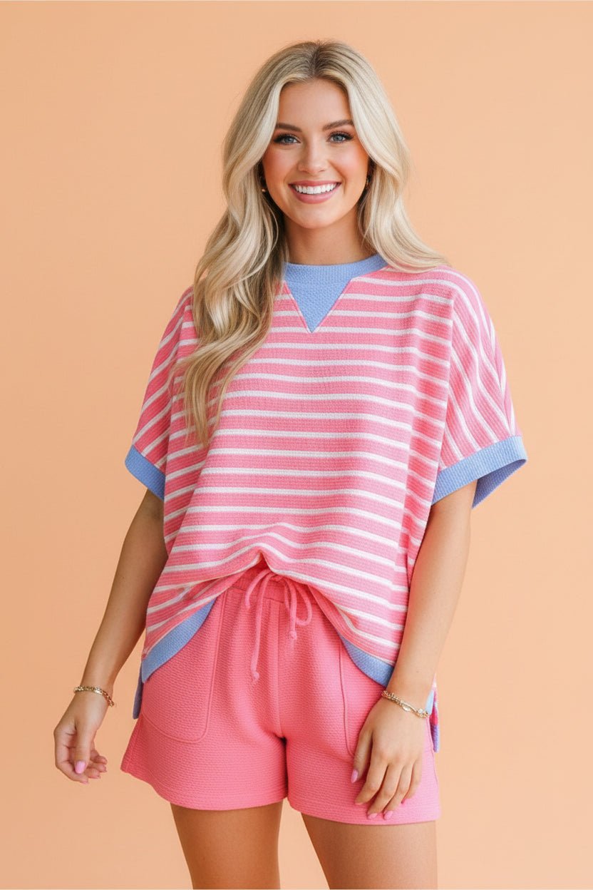 Stripe Contrast Trim Short Sleeve Top - Rooted & Reckless Co.