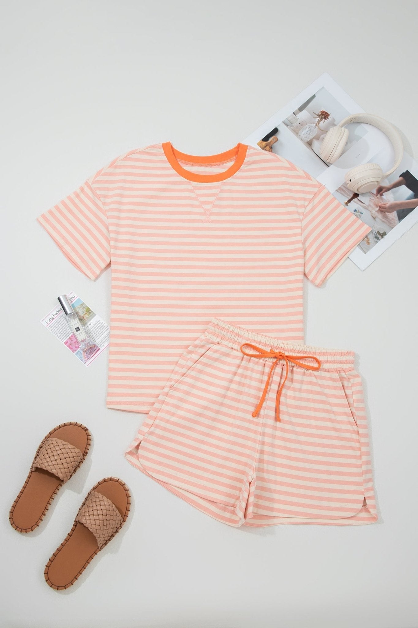 Stripe Contrast Trim Tee & Drawstring Shorts Set - Rooted & Reckless Co.