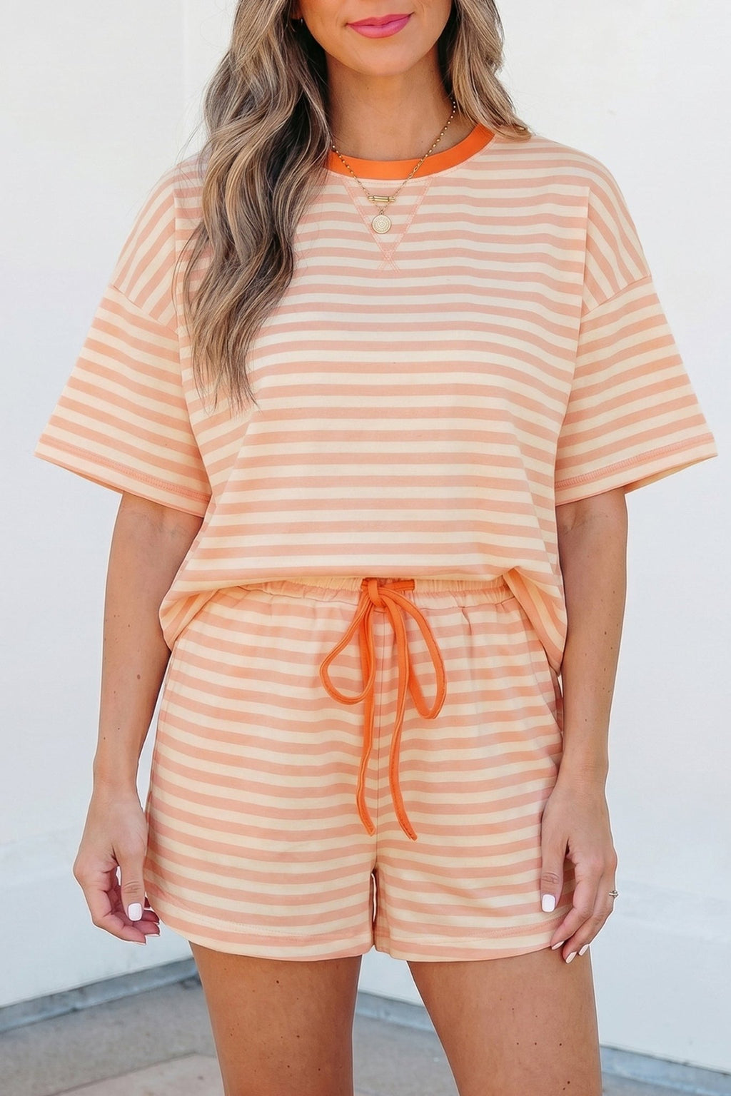 Stripe Contrast Trim Tee & Drawstring Shorts Set - Rooted & Reckless Co.